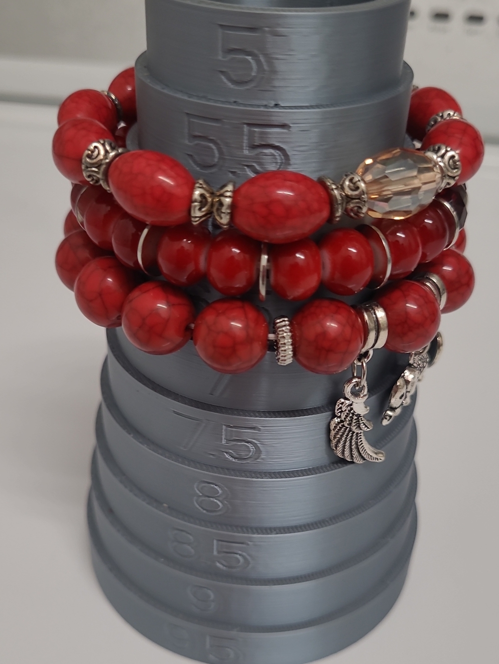 Red Beaded Wrap Bracelet Stack Of 3-love Charm